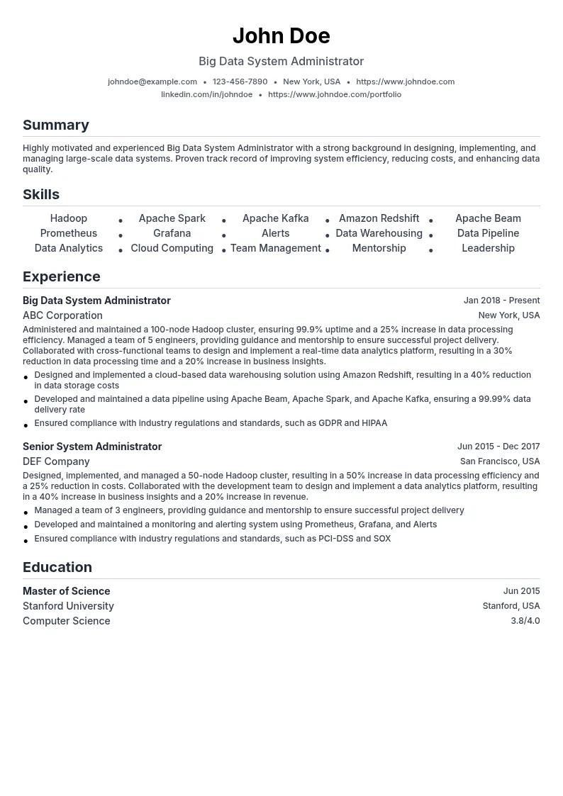 Big Data System Administrator resume example