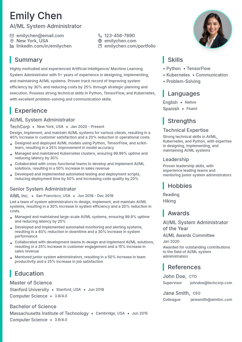 Artificial Intelligence/ Machine Learning System Administrator resume example