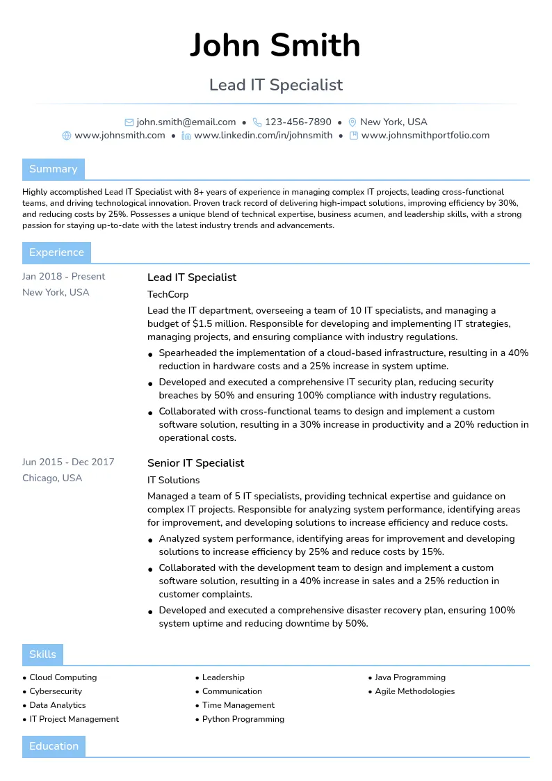 Lead IT Specialist resume example
