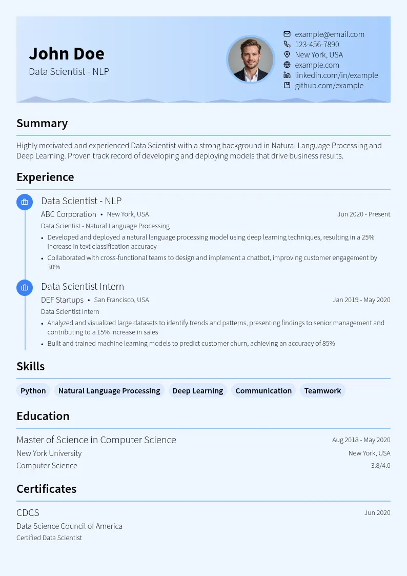 Data Scientist - Natural Language Processing resume example