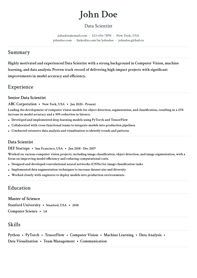 Data Scientist - Computer Vision resume example