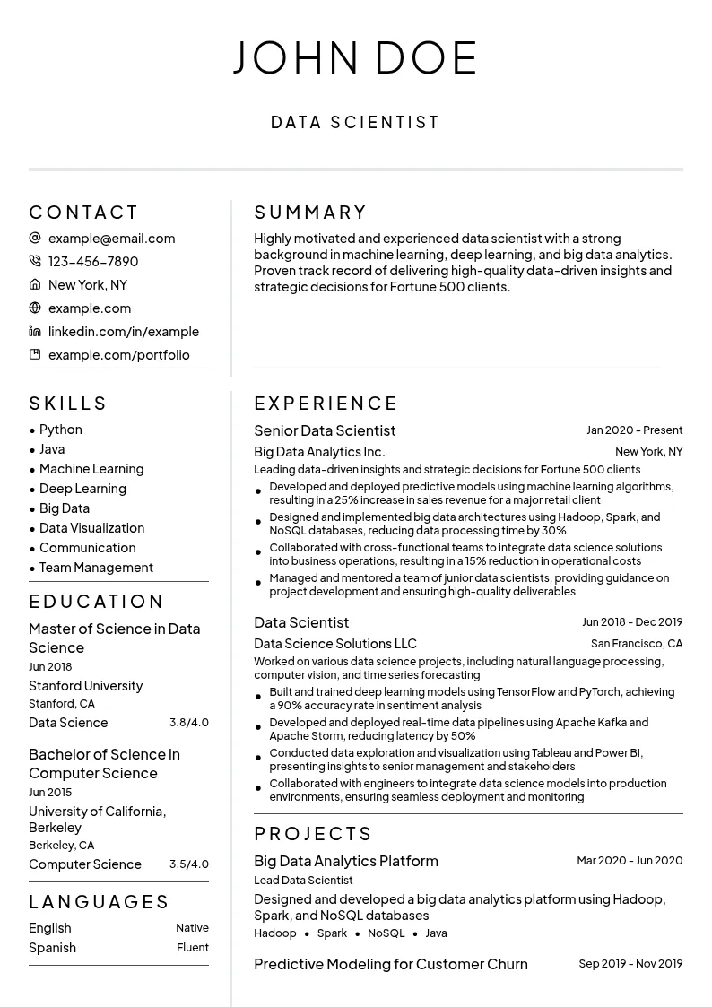 Data Scientist - Big Data resume example