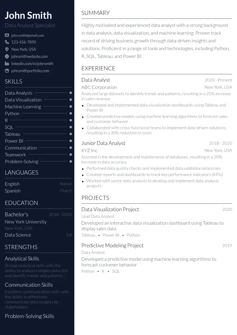 Data Analyst Specialist resume example