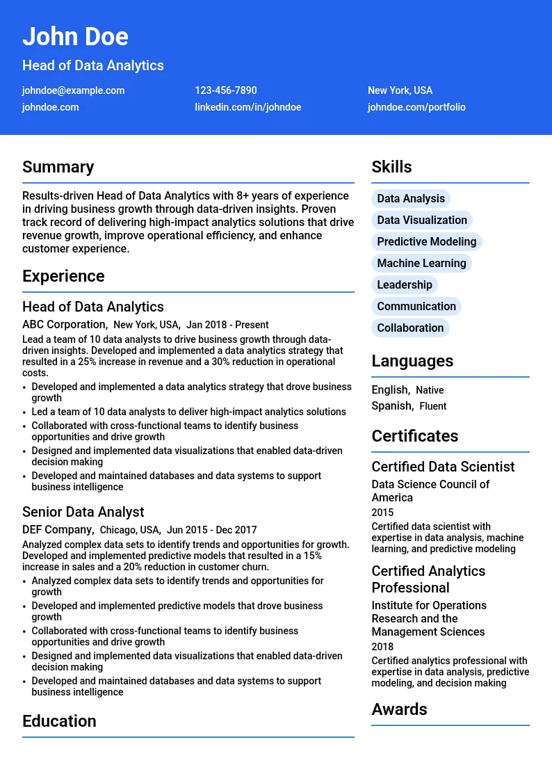 Head of Data Analytics - Analyst resume example