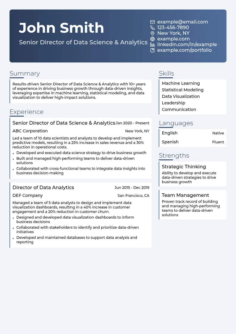 Senior Director of Data Science & Analytics resume example