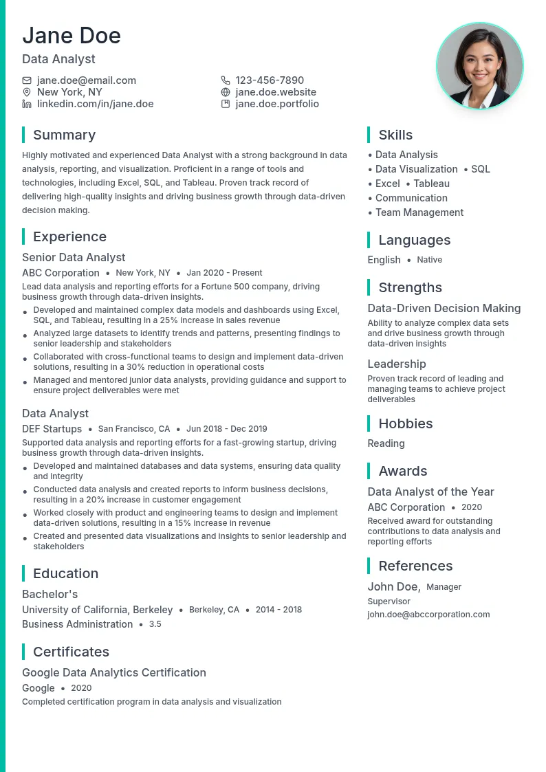 Data Analyst - General resume example