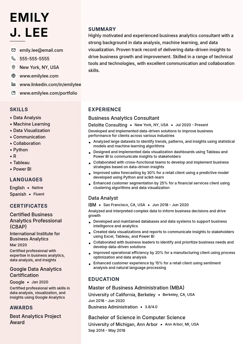Business Analytics Consultant resume example