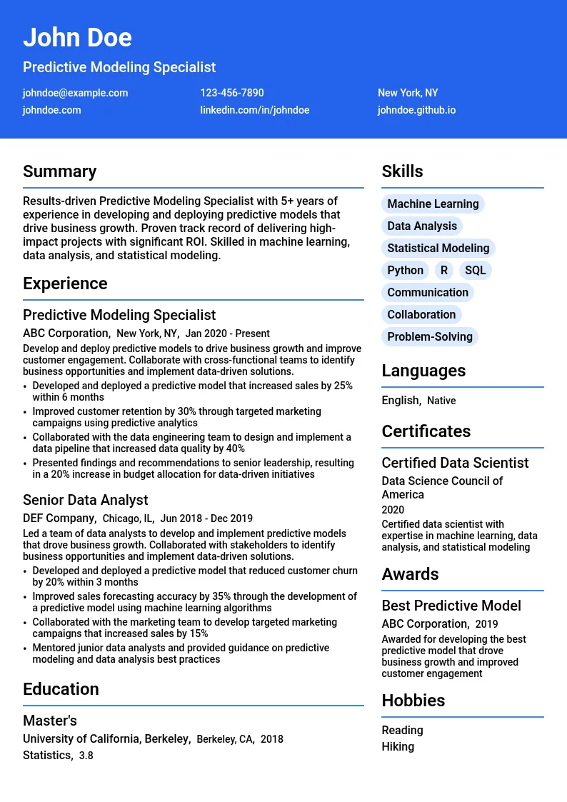 Predictive Modeling Specialist resume example