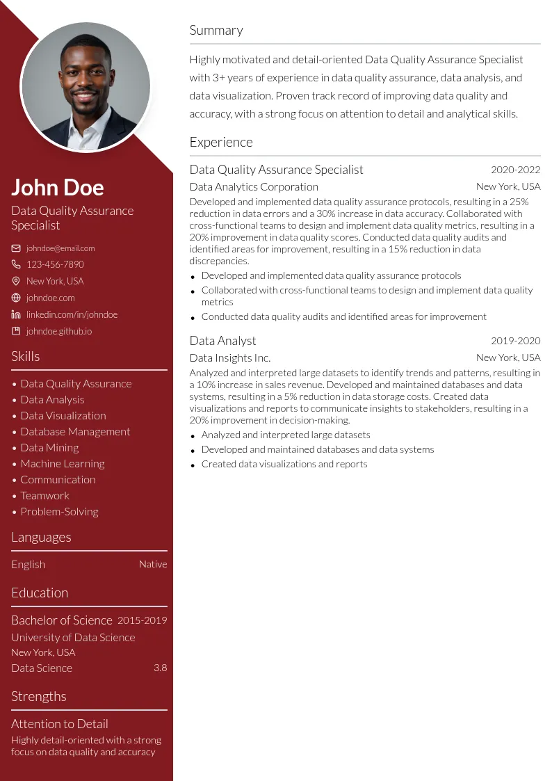 Data Quality Assurance Specialist resume example
