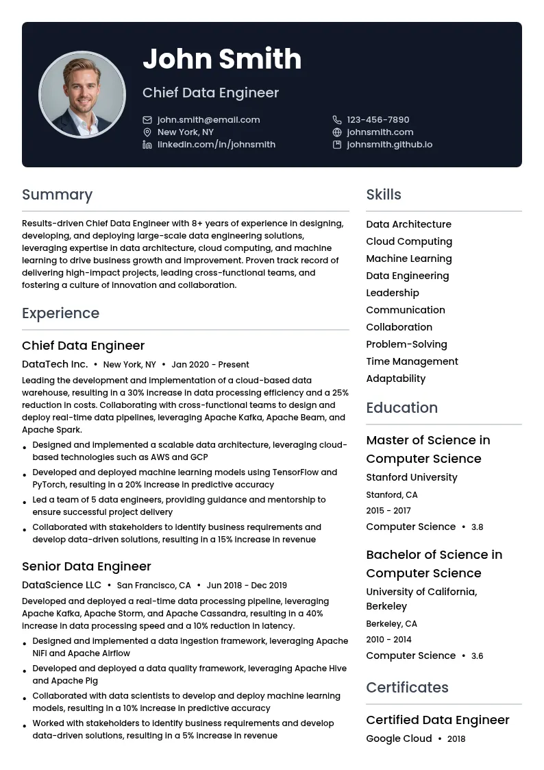 Chief Data Engineer resume example