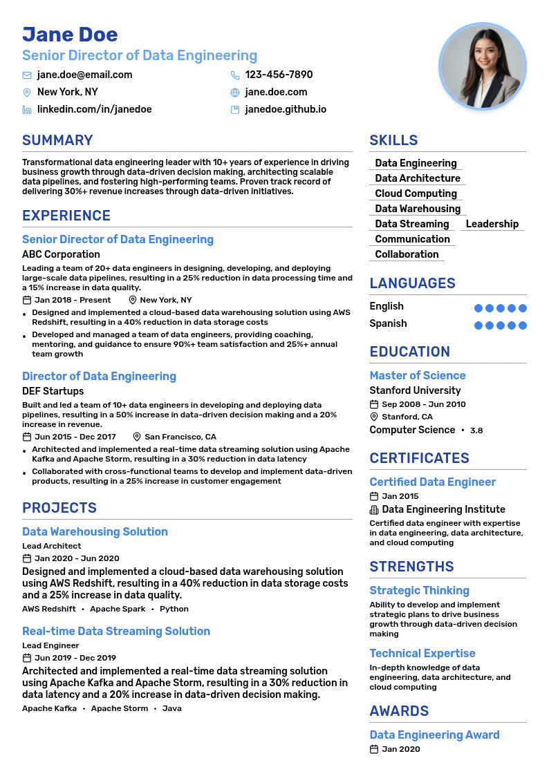 Senior Director of Data Engineering resume example