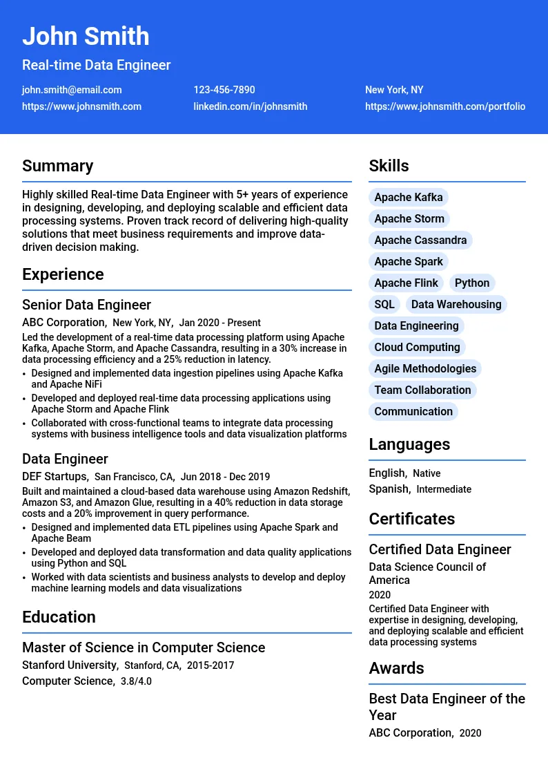Real-time Data Engineer resume example