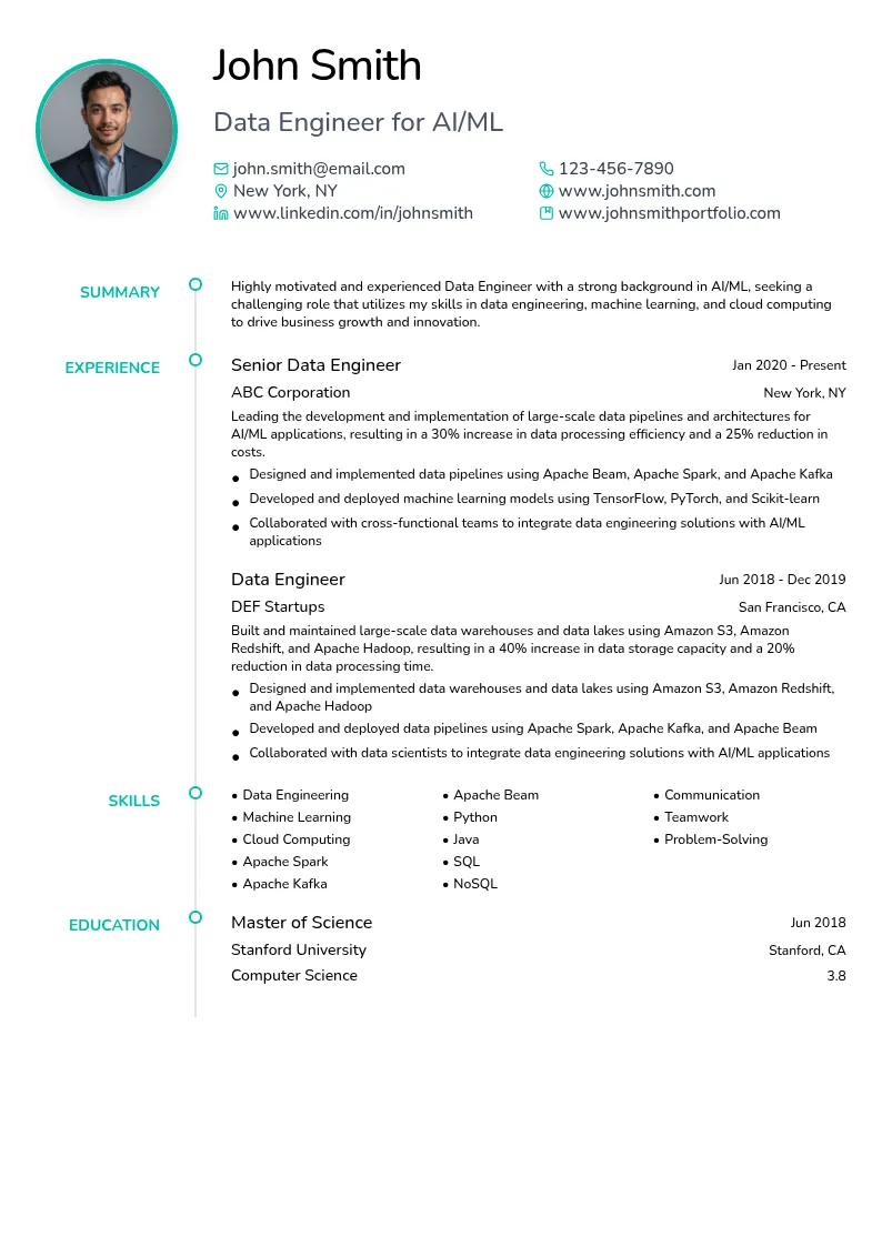 Data Engineer for AI/ML resume example