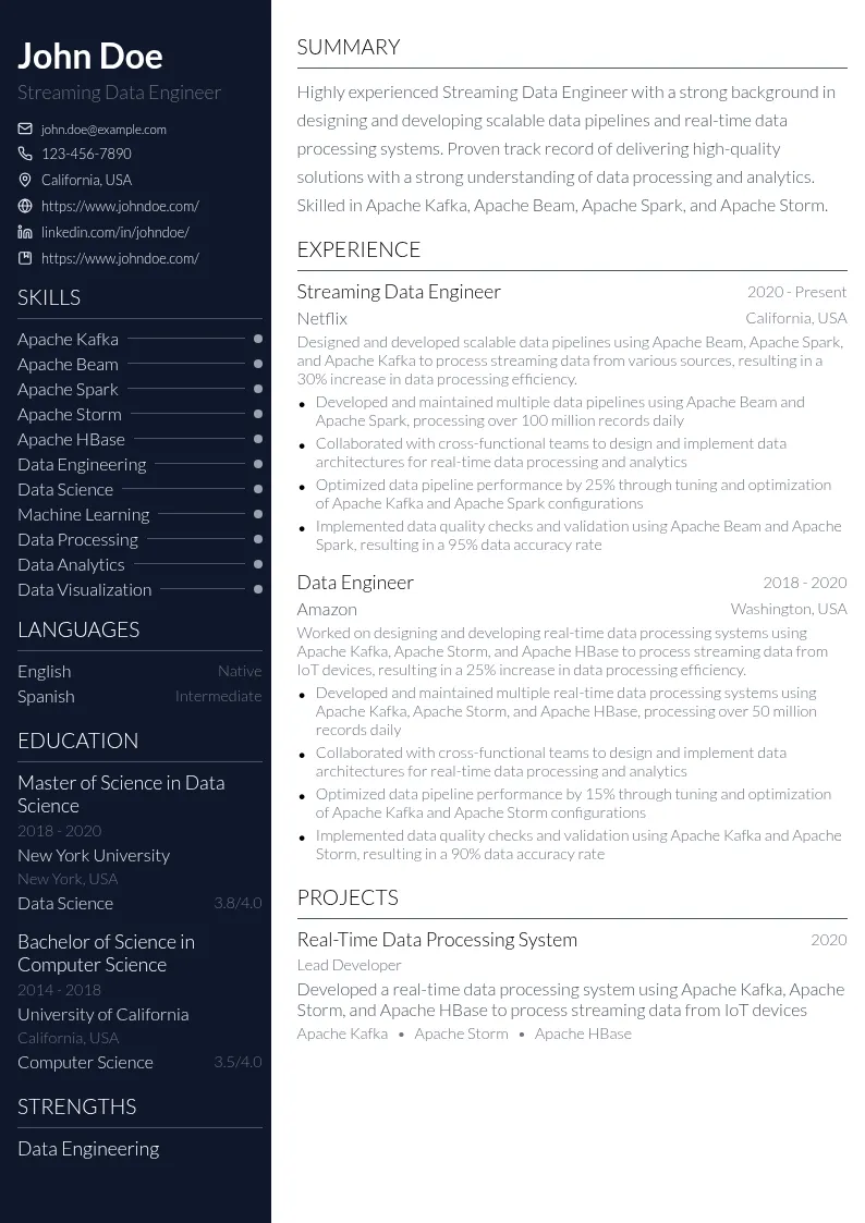 Streaming Data Engineer resume example
