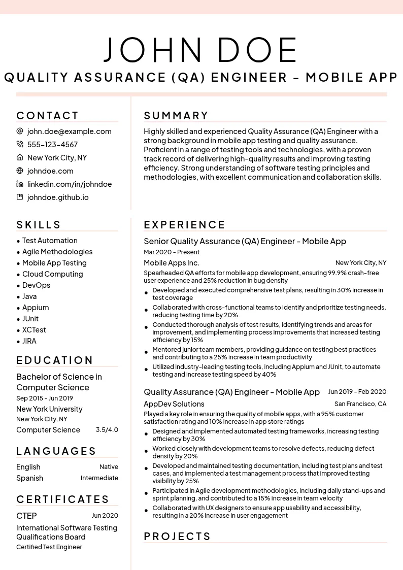 Quality Assurance (QA) Engineer-Mobile App resume example