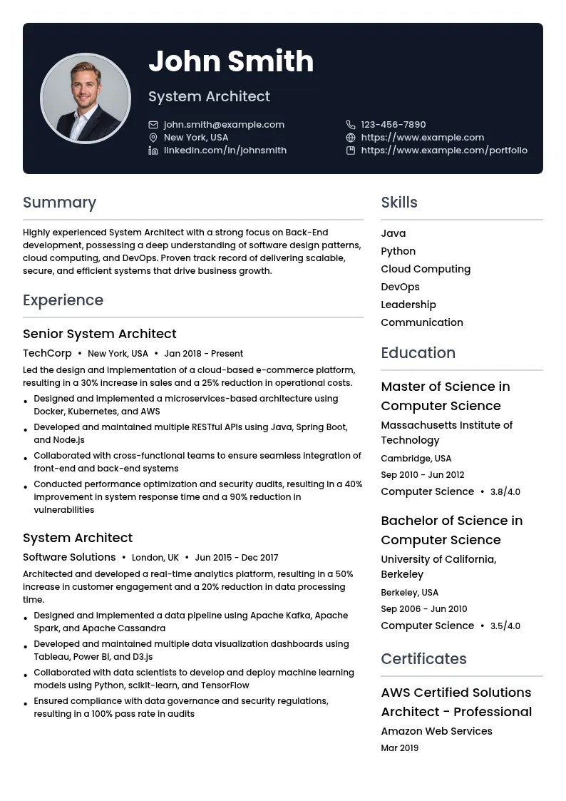 System Architect (Back-End Focus) resume example