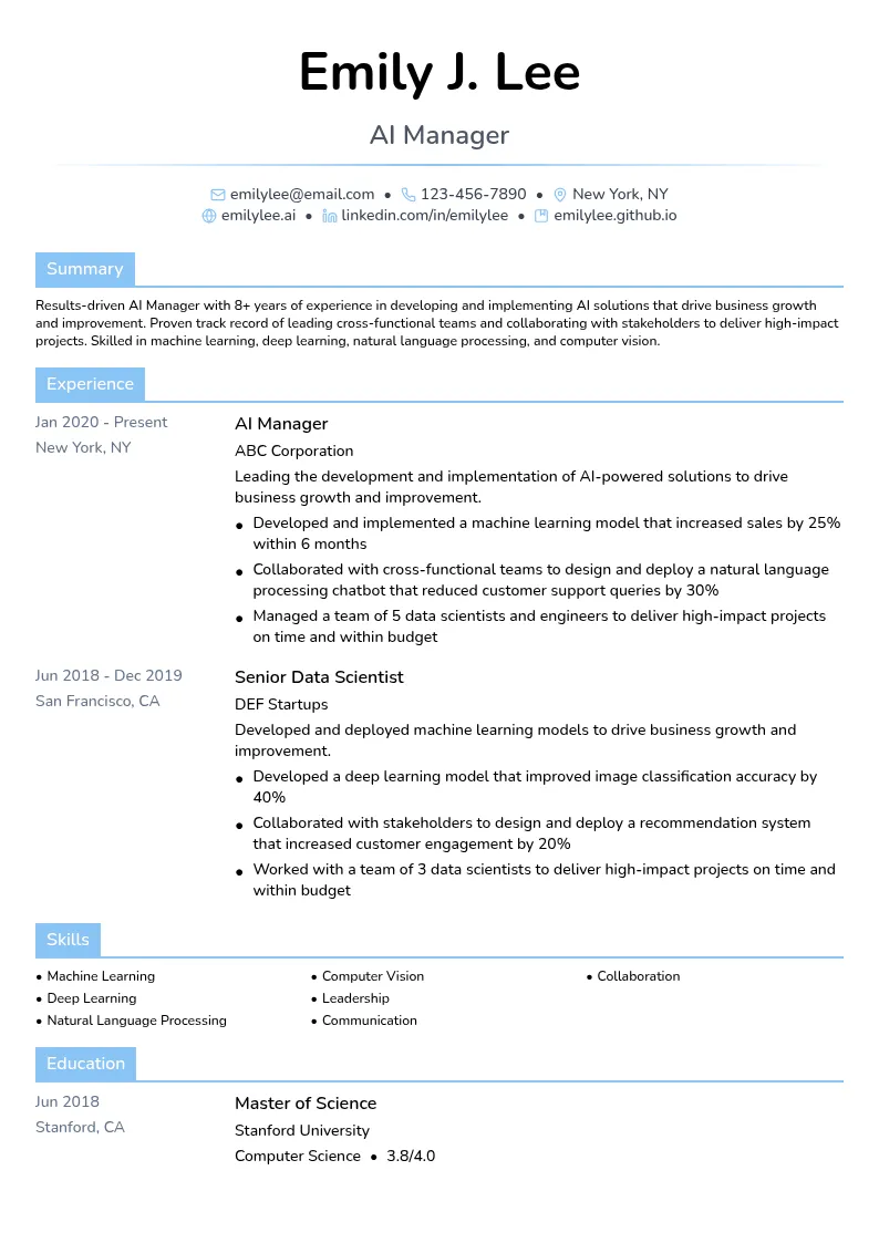 AI Manager resume example