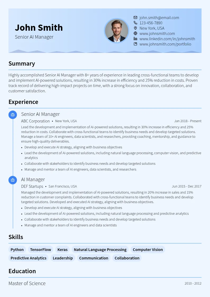 Senior AI Manager resume example