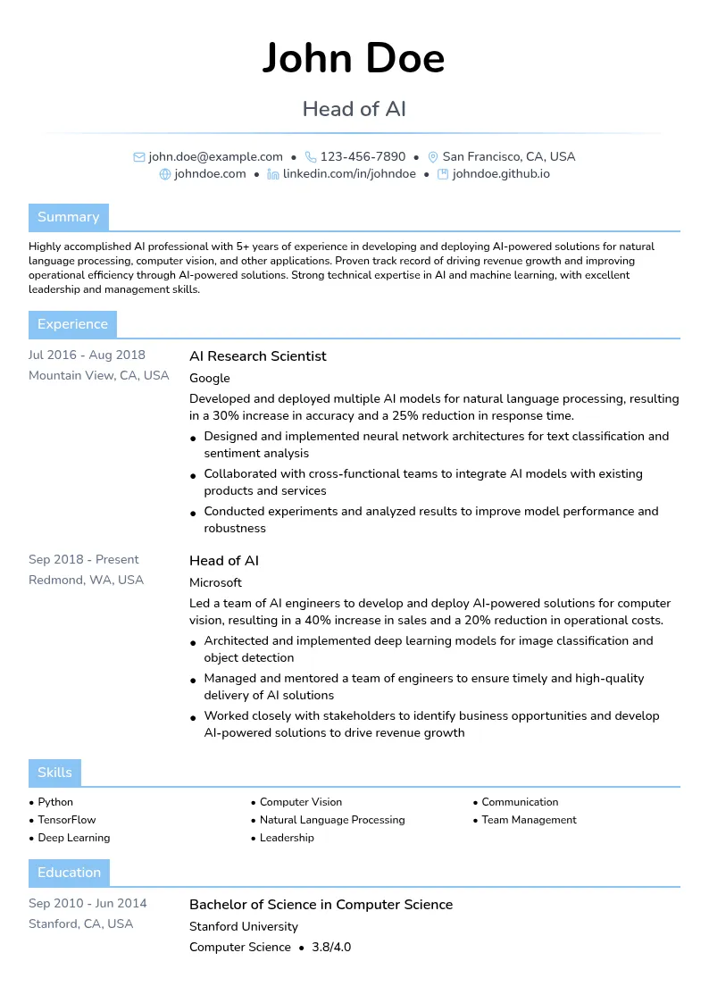 Head of AI resume example
