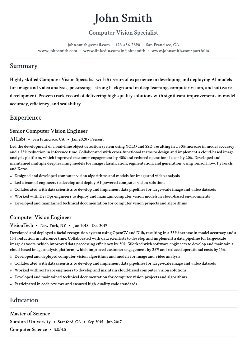 Computer Vision Specialist resume example