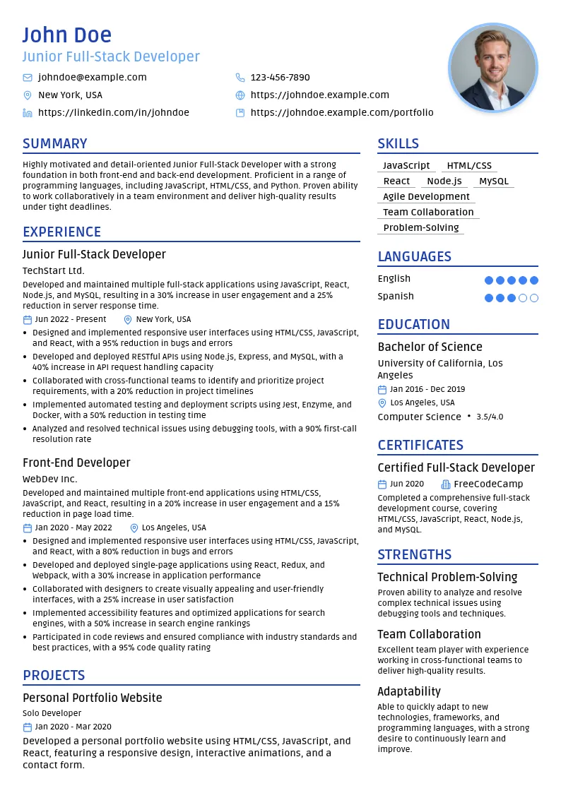 Junior Full-Stack Developer resume example