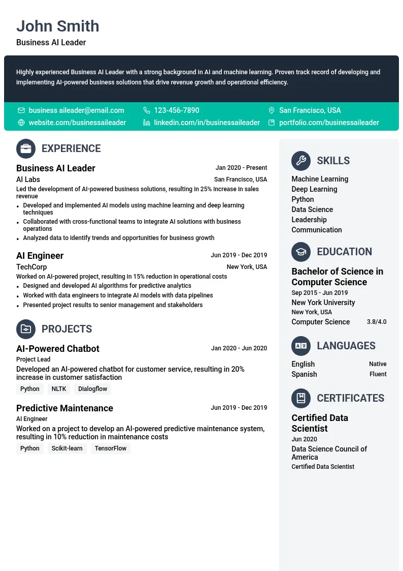 Business AI Leader resume example
