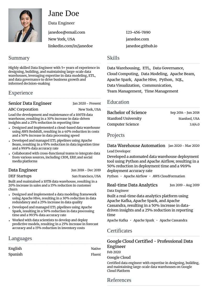 Data Engineer (Data Warehouse Specialist) resume example