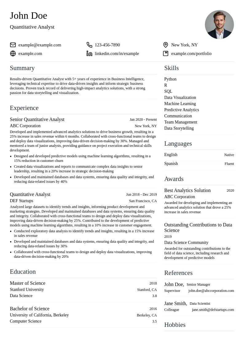 Quantitative Analyst (Business Intelligence) resume example