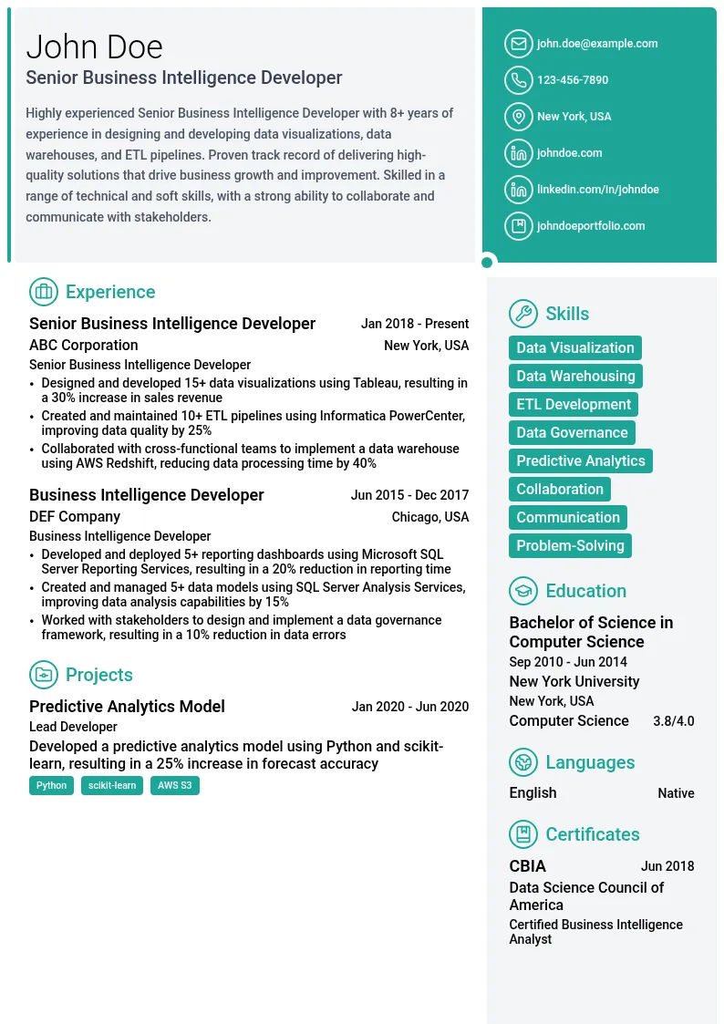 Senior Business Intelligence Developer resume example