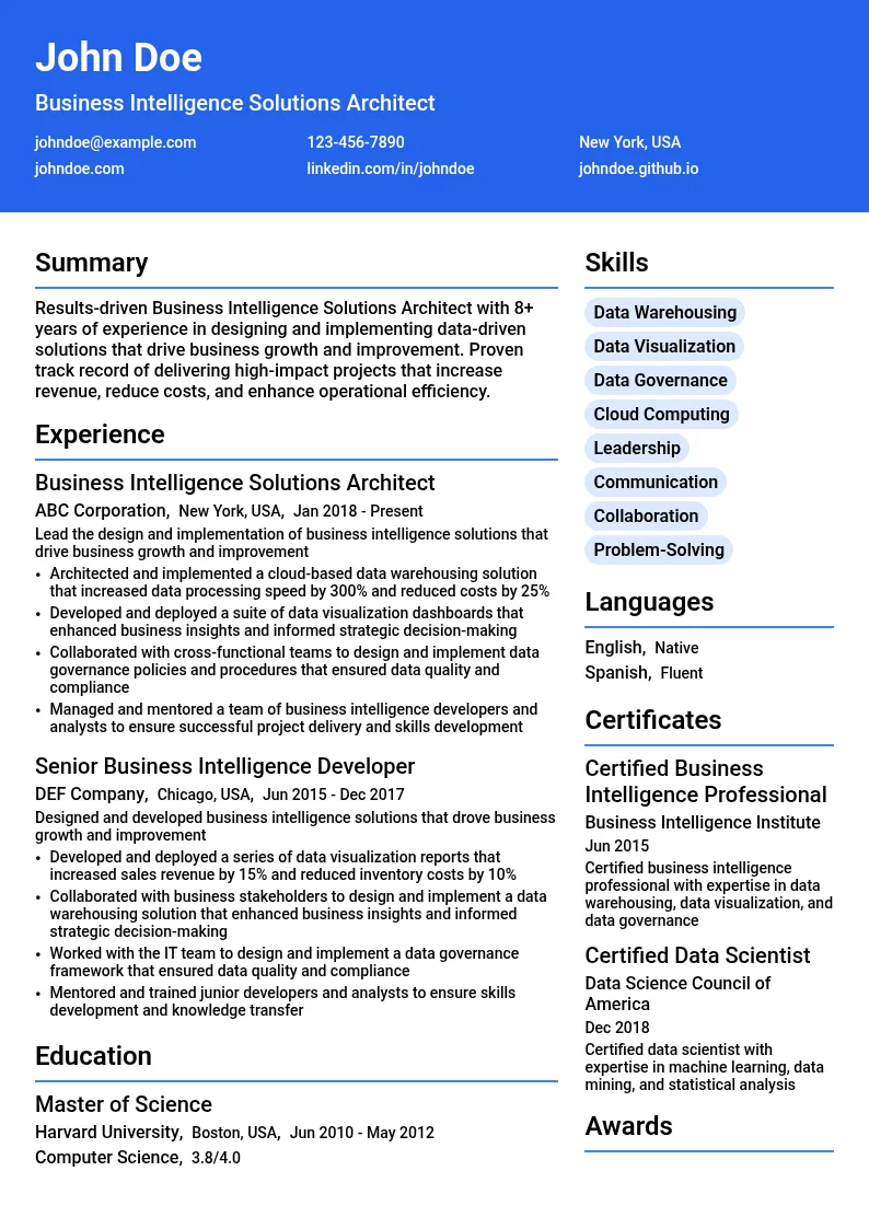 Business Intelligence Solutions Architect resume example