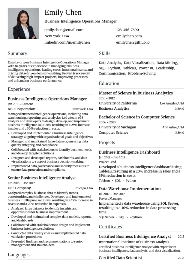 Business Intelligence Operations Manager resume example