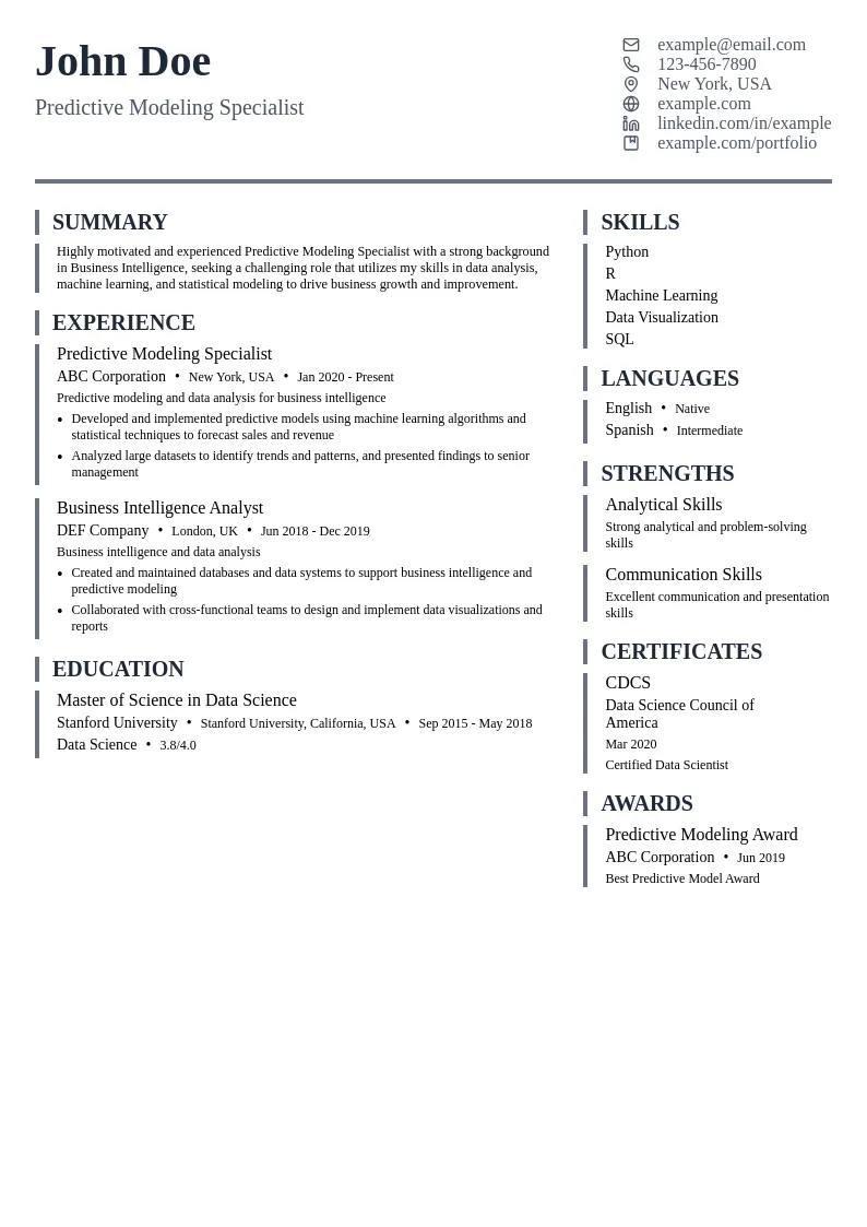 Predictive Modeling Specialist (Business Intelligence) resume example