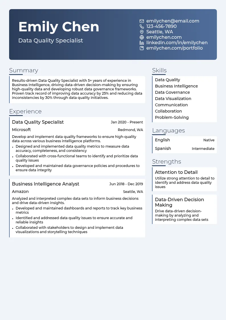 Data Quality Specialist (Business Intelligence) resume example