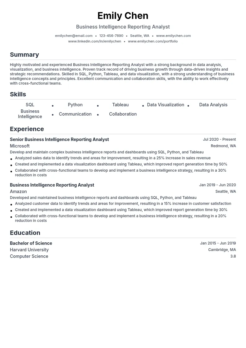 Business Intelligence Reporting Analyst resume example