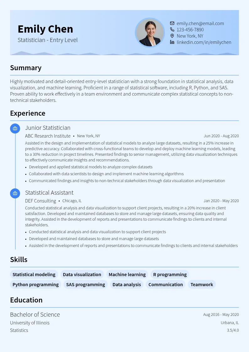 Statistician - Entry Level resume example