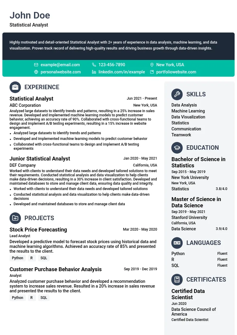 Statistical Analyst resume example
