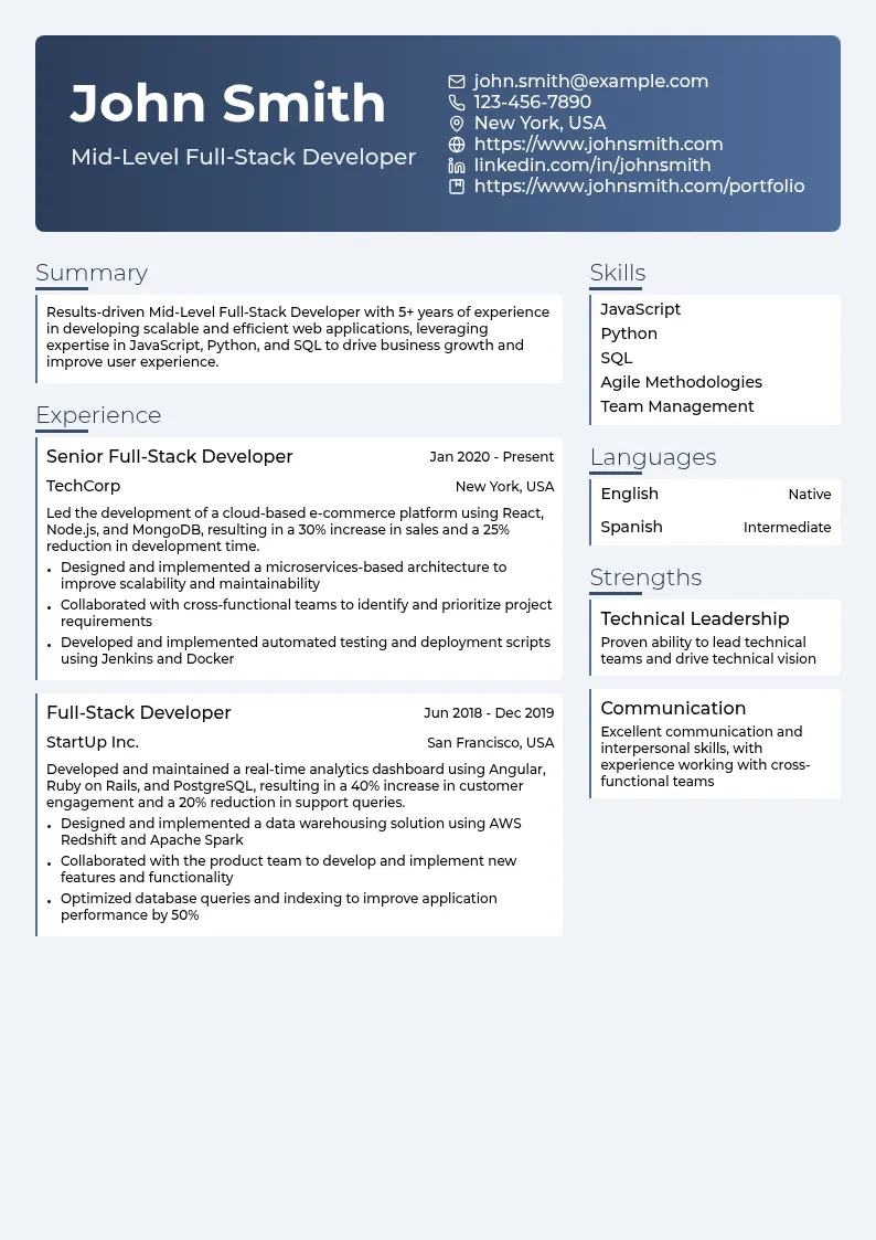 Mid-Level Full-Stack Developer resume example