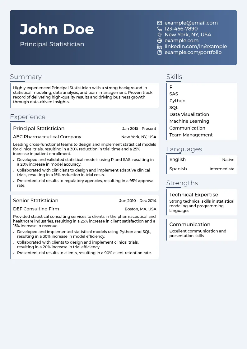 Principal Statistician resume example