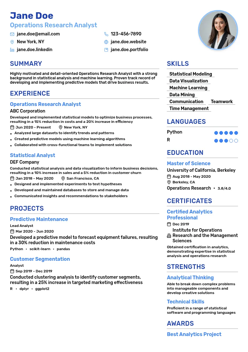 Operations Research Analyst - Statistics Application resume example