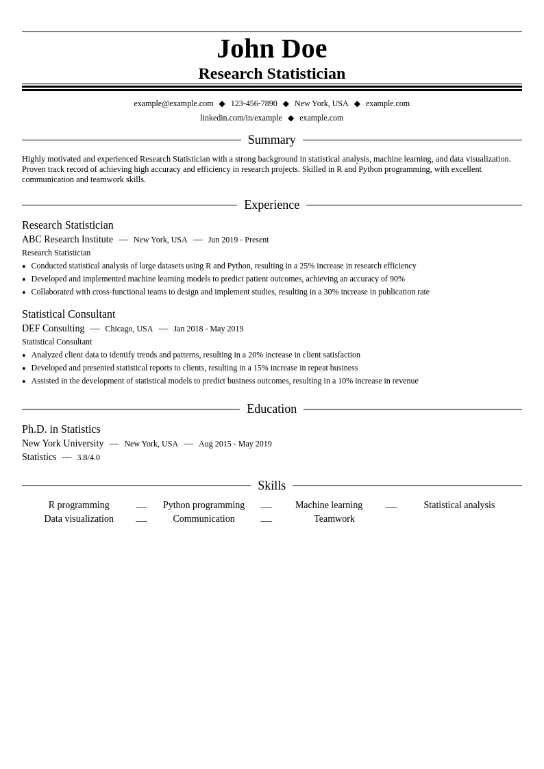 Research Statistician resume example