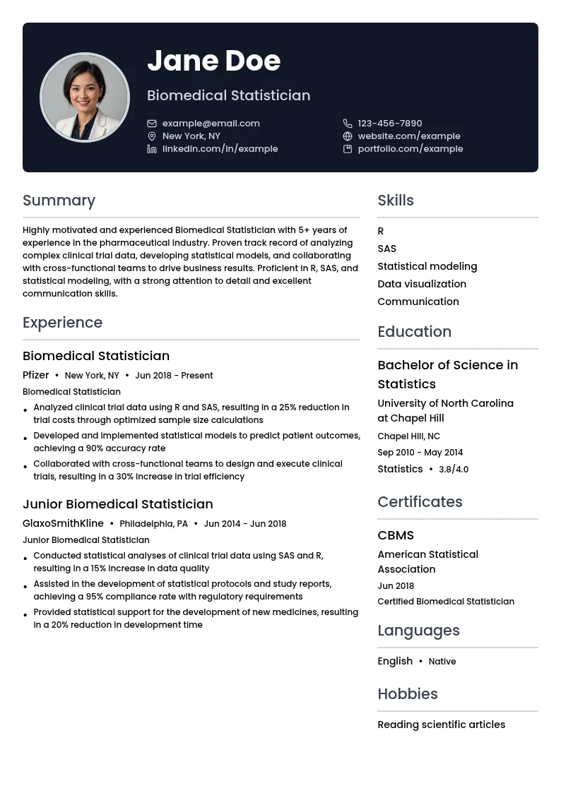 Biomedical Statistician resume example