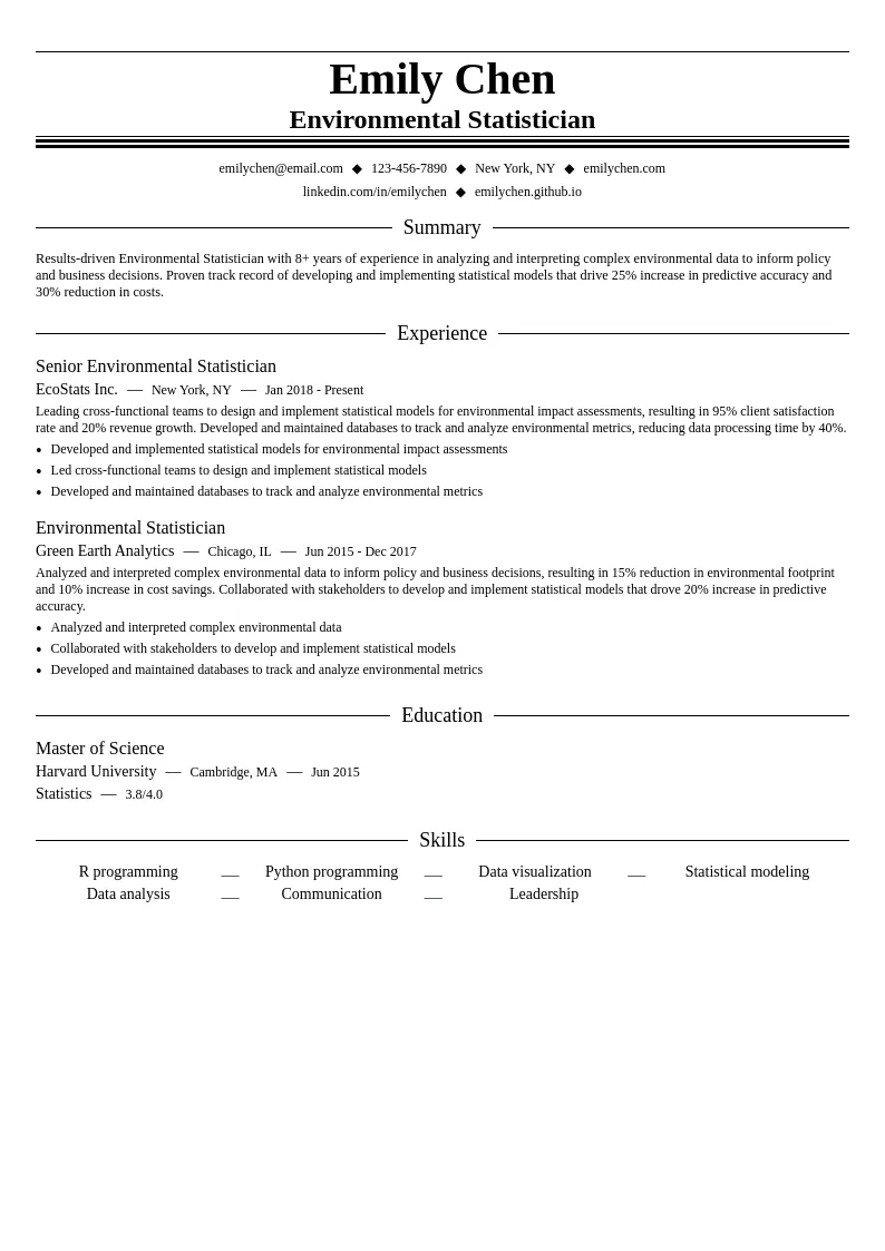 Environmental Statistician resume example