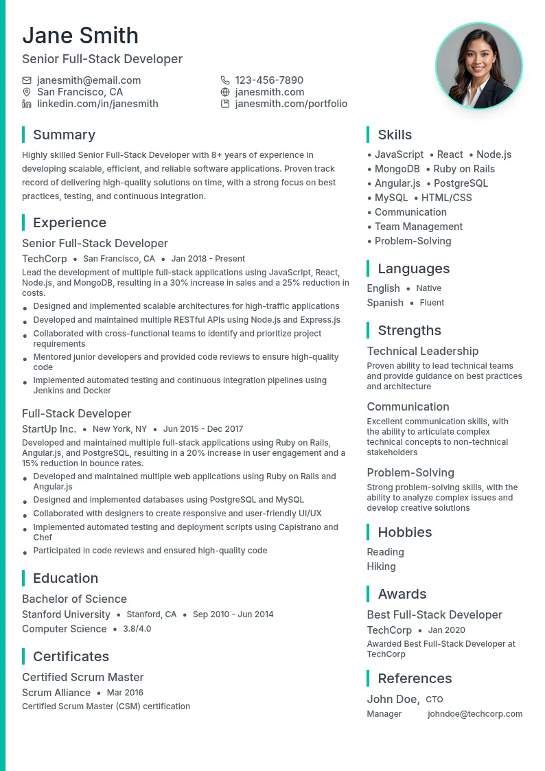 Senior Full-Stack Developer resume example
