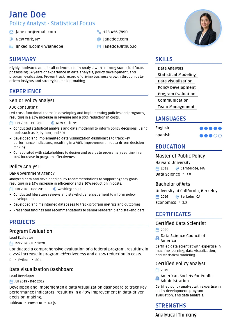 Policy Analyst - Statistical Focus resume example