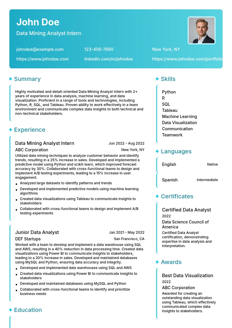 Data Mining Analyst Intern resume example