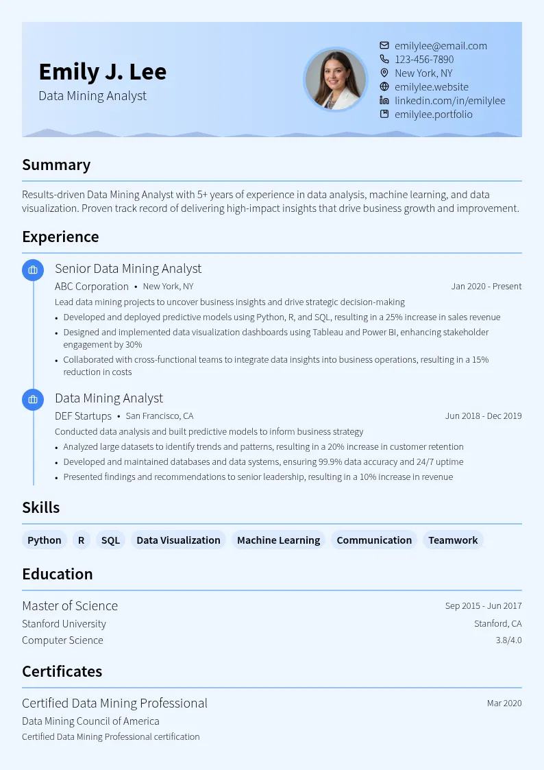 Data Mining Analyst resume example