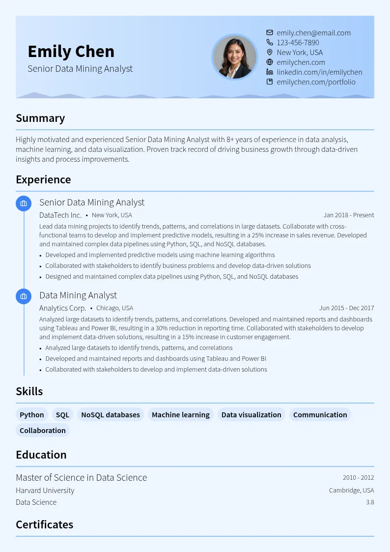 Senior Data Mining Analyst resume example