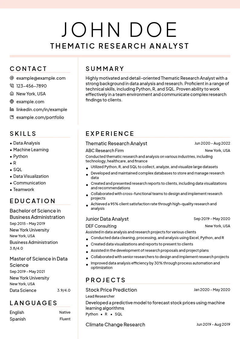 Thematic Research Analyst resume example