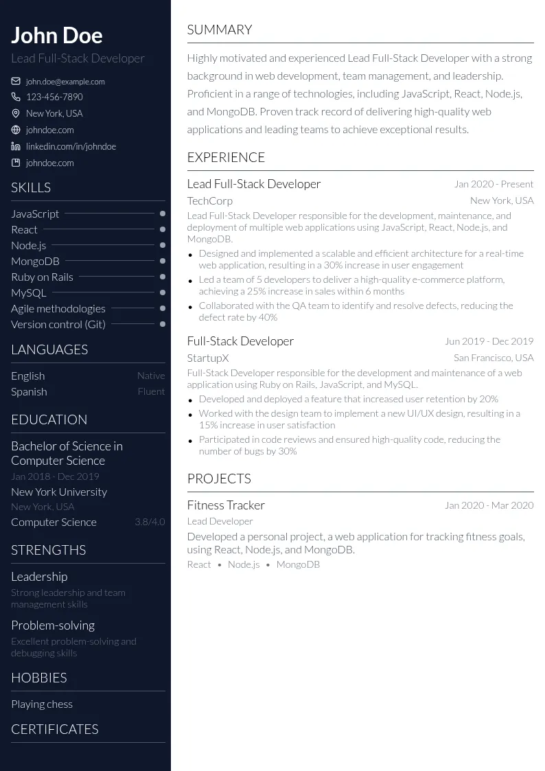 Lead Full-Stack Developer resume example