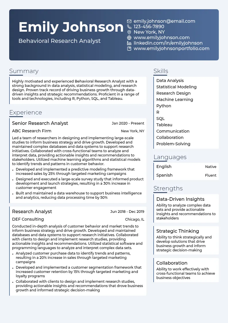 Behavioral Research Analyst resume example